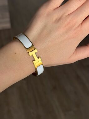 Hermes White and Gold Enamel H Bracelet